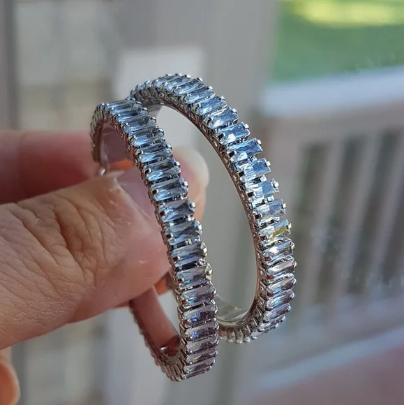 Swarovski Elements Platinum Plated Large Baguette Hoop Earrings NEW - Picture 11 of 17